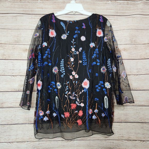 Sorrento Navy Blue Floral Embroidered Blouse Sheer Sleeves Women's Medium - Picture 9 of 13